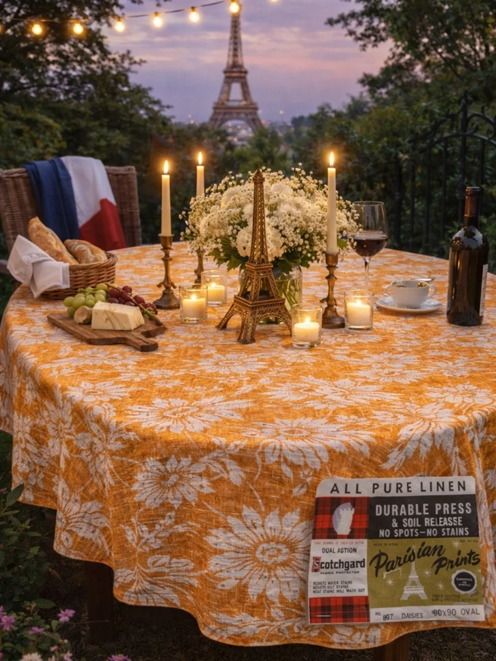 Parisian Prints Pure Linen oval tablecloth vintage daisies USA orange white new